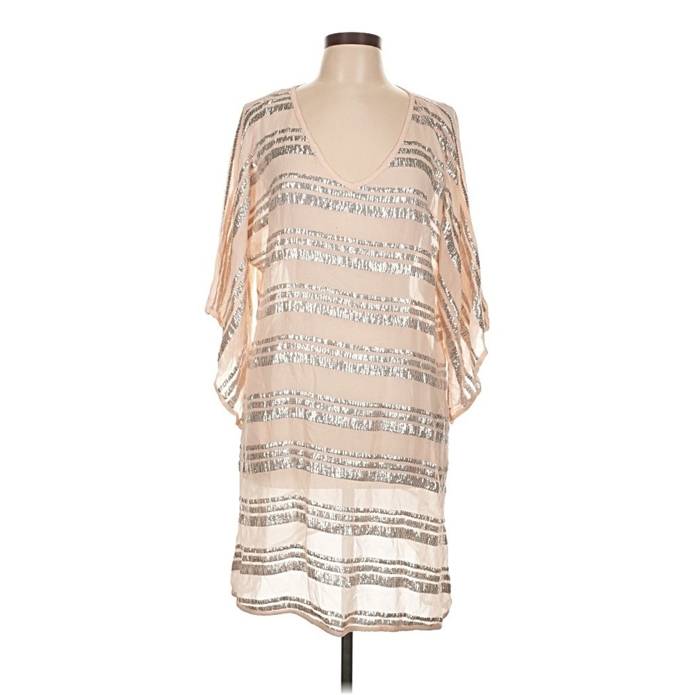 Ruby Yaya Womens Sequin Striped V-Neck Kimono Sleeve Tunic Dress Tan Large